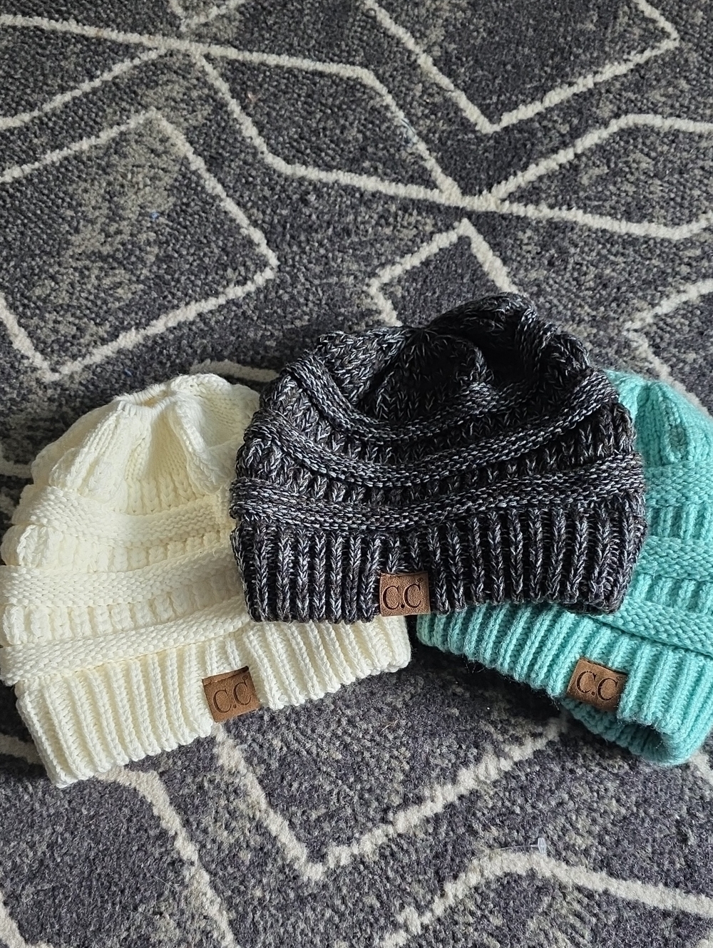 CC Knit Beanies in Ivory, Charcoal, Mint